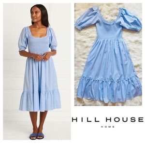 New! Rare HILL HOUSE HOME Louisa Shirred Ruffled Gingham Nap Midi Dress